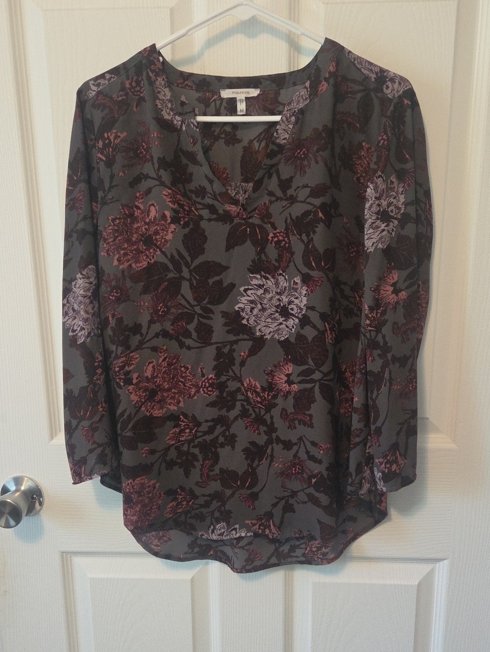 Maurices Gray Floral V-Neck Long Sleeve Blouse with Purple and Rose Accents